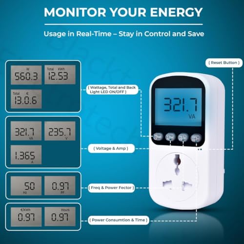 Image of SKYKING Upgraded Watt Power 16A Meter Plug Home Electrical Usage Monitor Consumption, Energy Voltage Amps Kill Tester with Backlight, Overload Protection and 10 Display Modes (3 PIN Indian Plug)