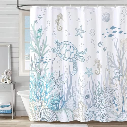 Nautical Coastal Turtle Shower Curtain, Coral Starfish Seashell Ocean Themed Bathroom Curtain, Underwater Seahorse Bathroom Decor Blue 72 x 72 inch