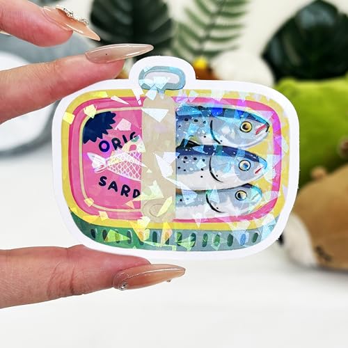 Image of 3 Pcs Kawaii Style Sardines Sticker, in Can Fish Sticker, Dark Humor Funny Bumper Die-Cut Vinyl Sticker 3 Inches for Water Bottles Laptop Phone Car Ski Helmet (Hologram, 3 inch)