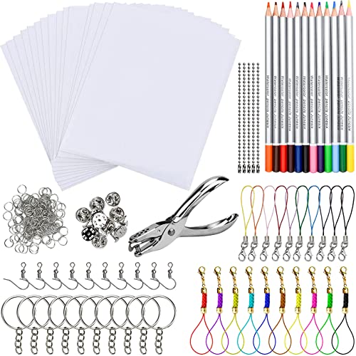 188 Piezas Kit Hojas de Plástico Termocontraíble Plastico Magico Shrink Plastic Incluye 20 Papel de Película Retráctil 12 Lápices de Colores Perforador Llaveros para Niños Manualidades Creativas DIY