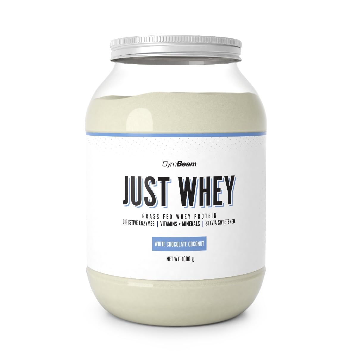 Just Whey Protein Pulver – aus Weide-Kuhmilch, mit DigeZyme® für bessere Verdauung, Mehrkomponenten Eiweißpulver mit essentiellen Aminosäuren & BCAAs – GymBeam (1000 g, White Chocolate-Coconut)
