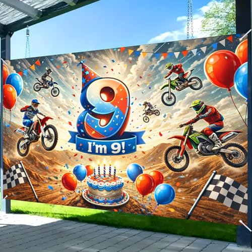 Image of Nuxovilar Happy 9th Birthday Banner Yard Sign 71 inchx43in Polyester Backdrop | Celebrate Party Supplies, Celebration Decor. Dirt Bike Birthday Party Decorations. Yard, Garage, Room. (Dirt Bike 9th)