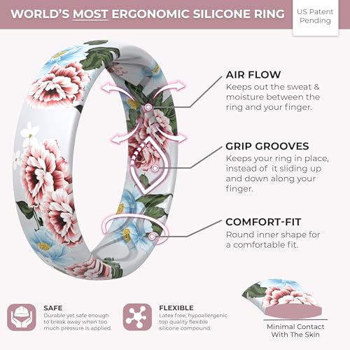 ThunderFit Silicone Wedding Rings for Women, Printed Design Breathable Rubber Engagement Bands 5.5mm Wide 1.8mm Thick4