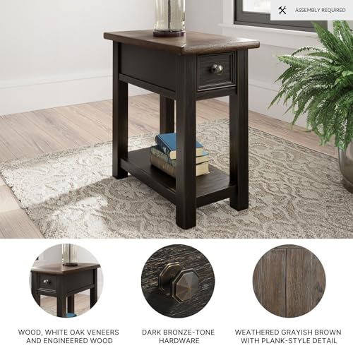 Image of Signature Design by Ashley Narrow Chairside End Table with Charging Station | Smooth-gliding remote drawer, Lower display shelf, Rustic 2-tone finish, Tyler Creek Series