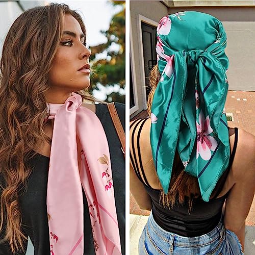 DRESHOW 35” Large Square Satin Head Scarf - 4Pcs Silk Accessories Classic Patterned Squares Beach Bandanas for Women2