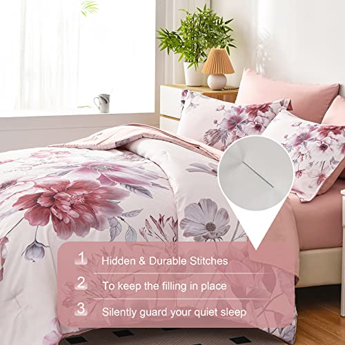 Image of Floral Comforter Sets 7 Piece Bed in a Bag, Soft Lightweight Microfiber Bed Comforter Set with Sheets (Pink,King)