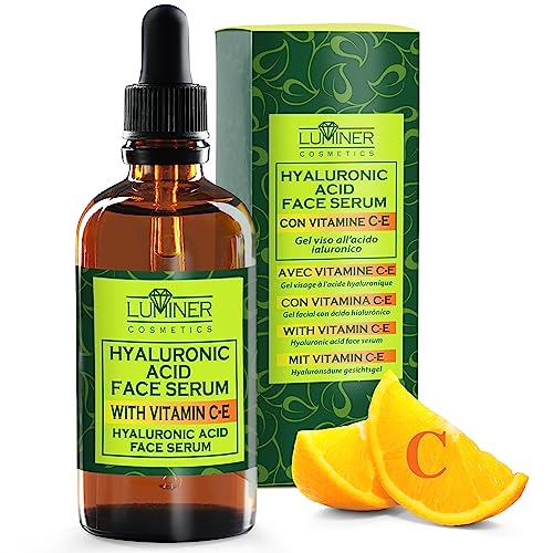 LUMINER Sérum facial de ácido hialurónico 100ml, sérum de vitaminaC, fórmula natural antiarrugas con baba de caracol, aloe vera, vitaminaC-E, contorno de ojos hidratante y redensificante Made in Italy