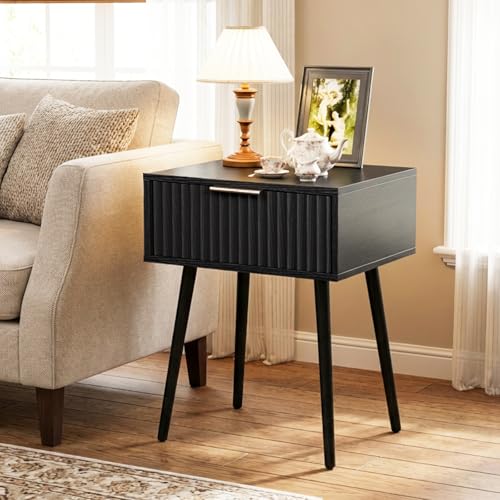 Image of VINGLI Nightstands Set of 2, Fluted Night Stand with Drawer, Bedside Table, Wood Nightstand for Bedroom, Mid Century Modern End Tables, Black, 18.9 inch W*14.96 inch D*24 inch H
