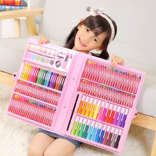 Image of 168-Piece Kids Art Set,Portable Drawing Set Makes Great Gift for Artists Kids, Art Box Drawing Painting has Watercolors Markers Crayons Color Pencils Oil Pastels Glue