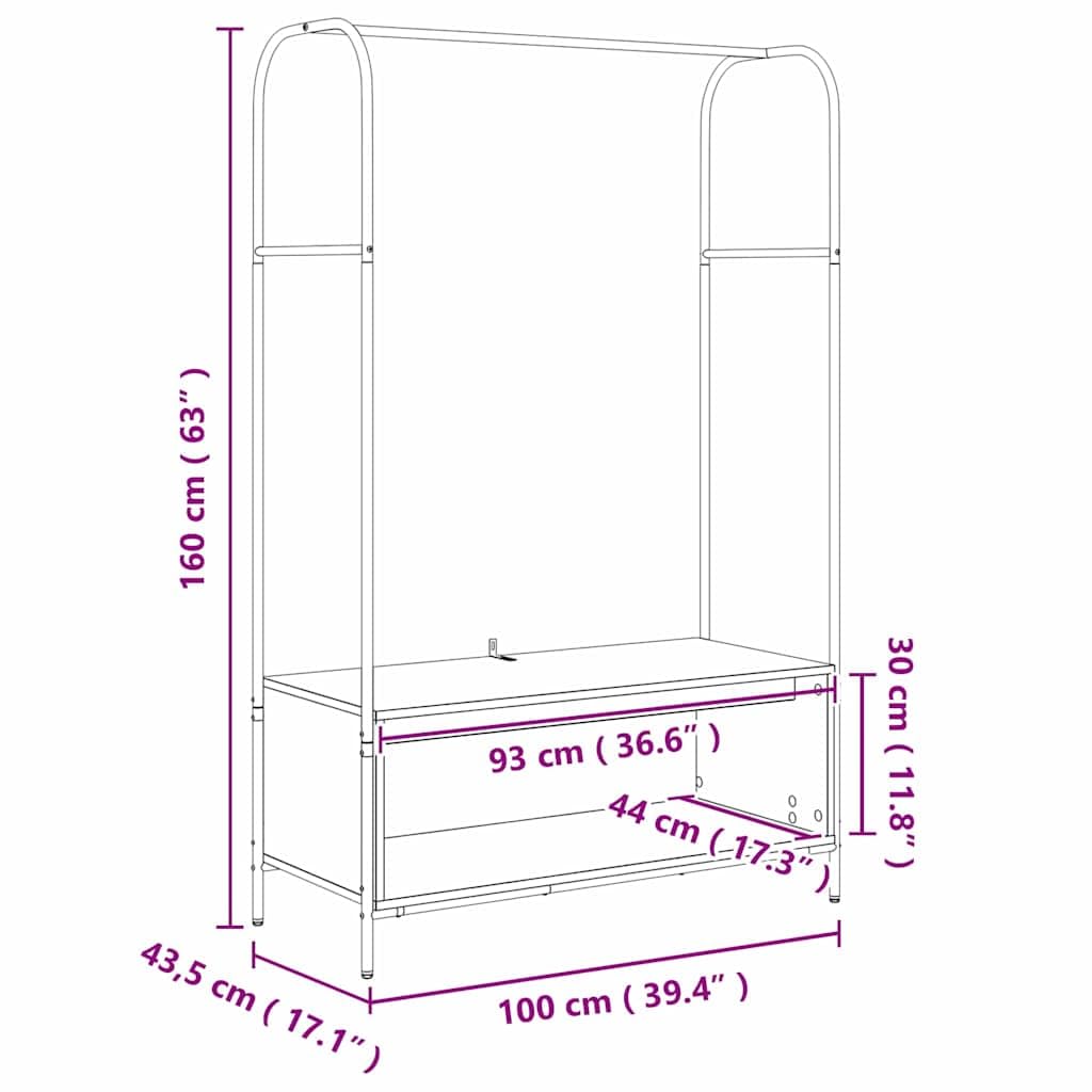 Kleiderständer Braun Eichen-Optik 100 x 44 x 160 cm freistehend aus Holz und Metall stabil mit Haken und Rollen platzsparend für Schlafzimmer Flur Wohnzimmer Aufbewahrung