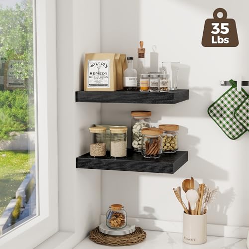 Image of Fun Memories 12 Inch Deep Floating Shelves, 16 x 12 Wooden Wall Shelves, Extra Deeper & Thicker Rustic Wall Mounted Storage Shelf for Fireplace, Living Room, Kitchen, Farmhouse, Black - 2Pack