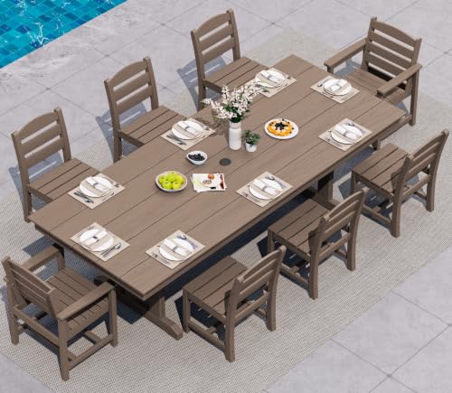 Image of SERWALL 9 Piece 84 inch HDPE Outdoor Dining Set with 6 Armless Chairs, 2 Armchairs and Umbrella Hole for 8, Brown