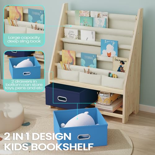 image for EXPERLAM 4 Tier Kids Book Shelf, Wooden Kids Book Rack Storage Bookshe