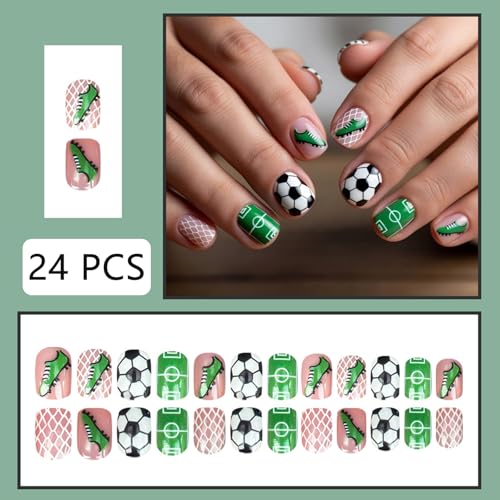 Green Soccer Theme Press on Nails | Short Square Acrylic