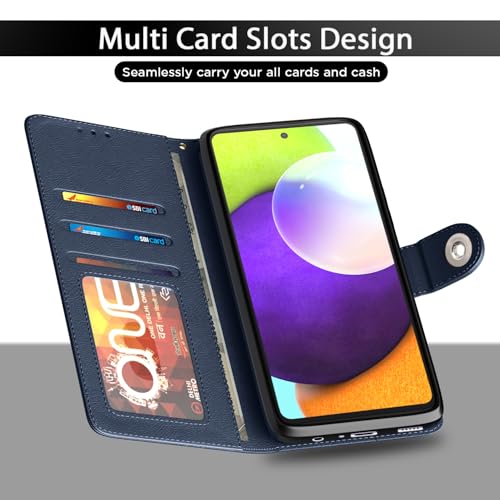 Image of Pikkme Flip Cover Leather Finish | Inside TPU with Card Pockets | Wallet Stand and Shock Proof | Complete Protection Button Flip Case for Samsung Galaxy A52 / A52s 5G (Blue)