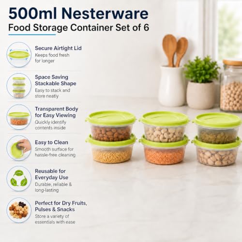 Image of Cutting EDGE Nesterware 500ml Stackable Food Container (Set of 6, Green) | BPA-free plastic, stackable design, leak-proof, kitchen storage, pantry, fridge, meal prep, reusable, travel use