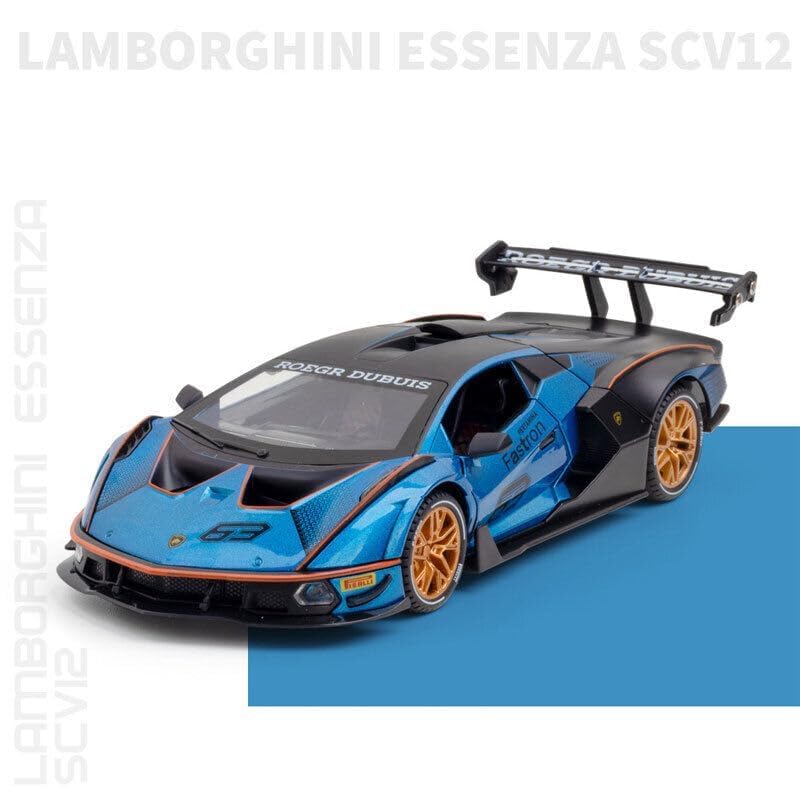 Image of 1:24 Lamborghini Essenza SCV12 Diecast Scale Model Metal Pull Back Toy Car for Kids with Openable Doors & Light, Music Toy Vehicle for Kids (Blue)