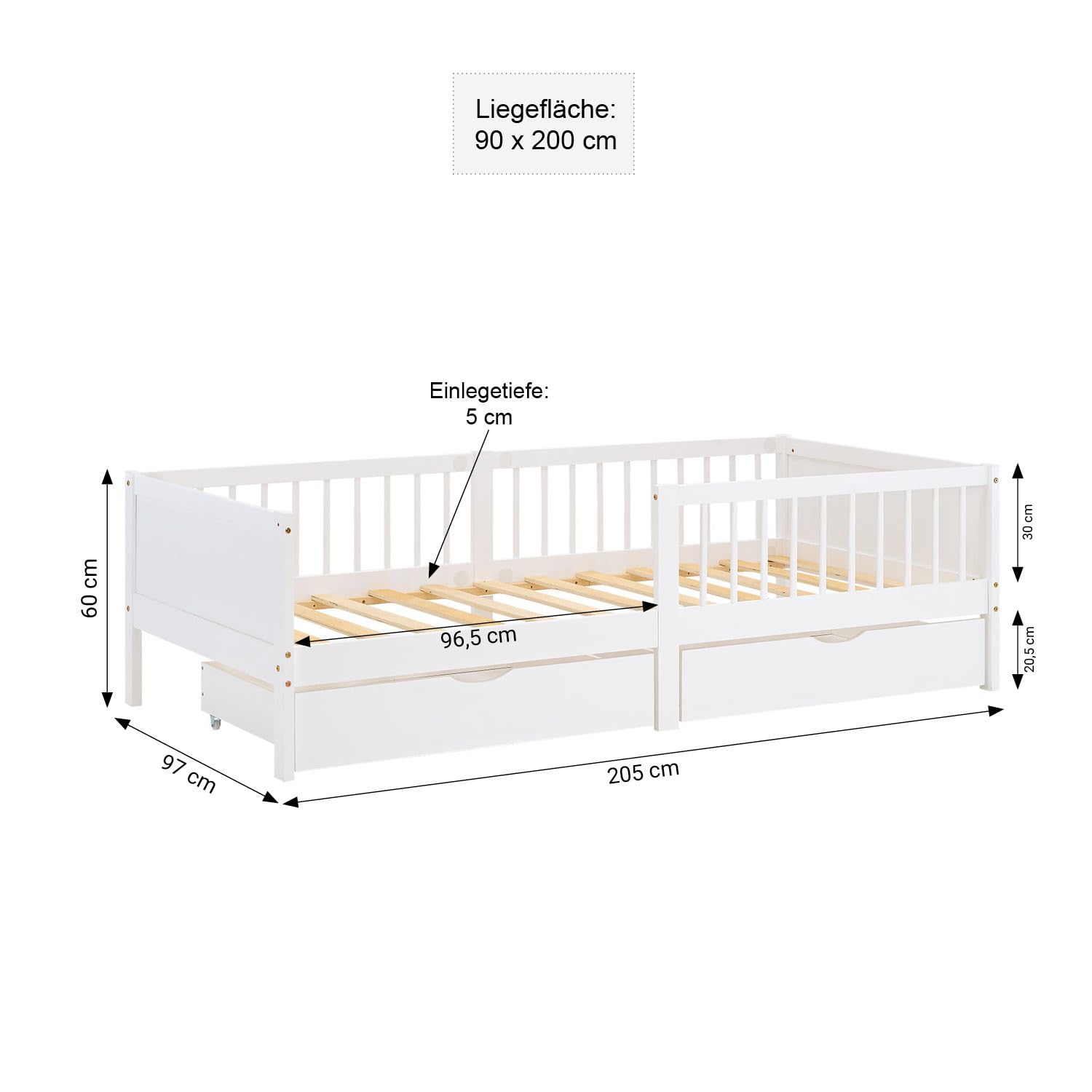 Homestyle4u Kinderbett 90x200 mit Matratze, Lattenrost & Schubladen, Weiß | Massivholz Bodenbett aus Kiefer mit Rausfallschutz, 2 Bettkästen für Stauraum und kindgerechter Rollmatratze Härtegrad 2