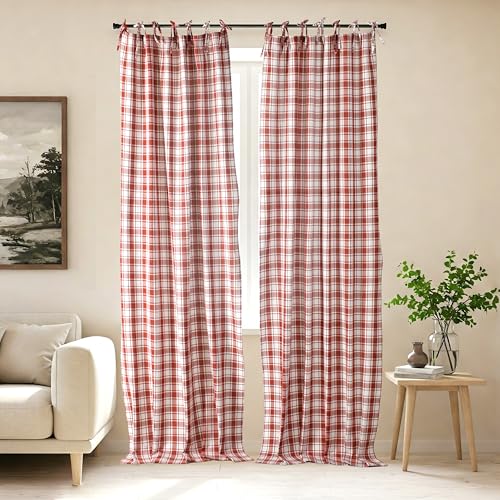 THE ART BOX Buffalo Plaid Tie-Top Curtains 2 Panels 63x42 Farmhouse Style Window Drapes for Living Room Bedroom Kitchen Rust Red/White Check