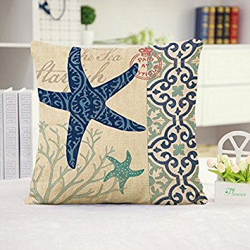 Ocean Park Theme Throw Pillow Case, Sea Turtle Octopus Fishes Retro Cotton Linen Square Decorative Cushion Cover Pillowcase Blue Ocean Series Sea 45x45CM (Beach 4, 18" x 18")