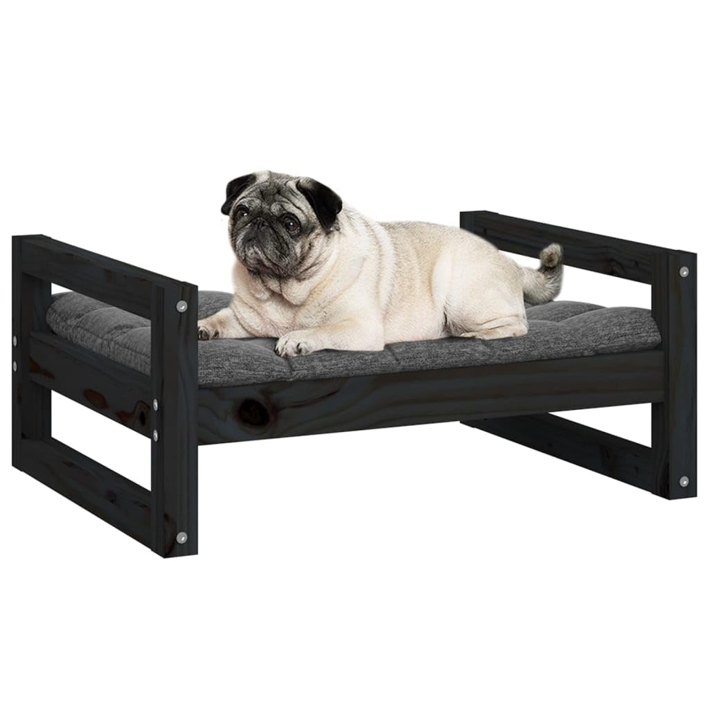 Cuccia per cani nera, 65,5 x 50,5 x 28 cm, in legno massello di pino con cuscino lavabile, per interni ed esterni, per cuccioli e animali domestici