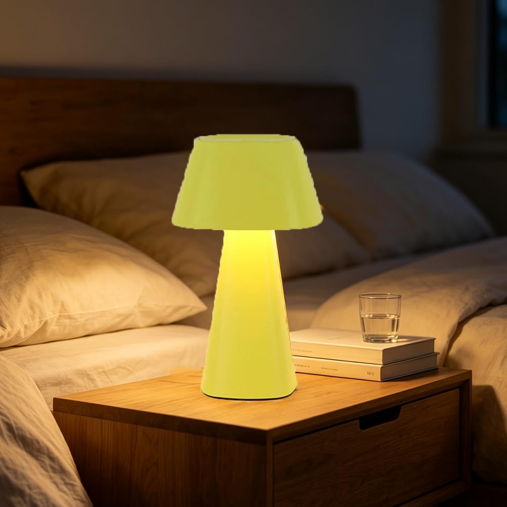 LED Pilz Tischlampe Kabellos Dimmbar 3000K-6000K Pilzlampe Batterie USB Aufladbar mit Touch Control Nachttischlampe Innen und Außen Modern Acryl Lampenschirm für Wohnzimmer Schlafzimmer,Gelb