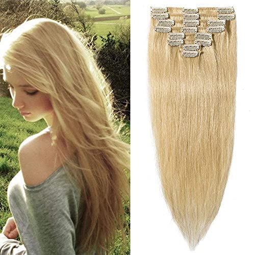 Elailite Blonde Clip in Hair Extensions Real Human Hair, 8 Pieces Thin Weft Full Head Remy Hair Straight, #613 Bleach Blonde