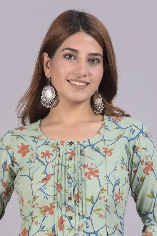Image of Women's Pure Cotton Floral Printed Dark Green Straight Kurti with Pant (67P167KRP)