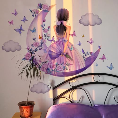 Vinilo decorativo para pared Purple Moon Girl flores mariposa miniatura 5