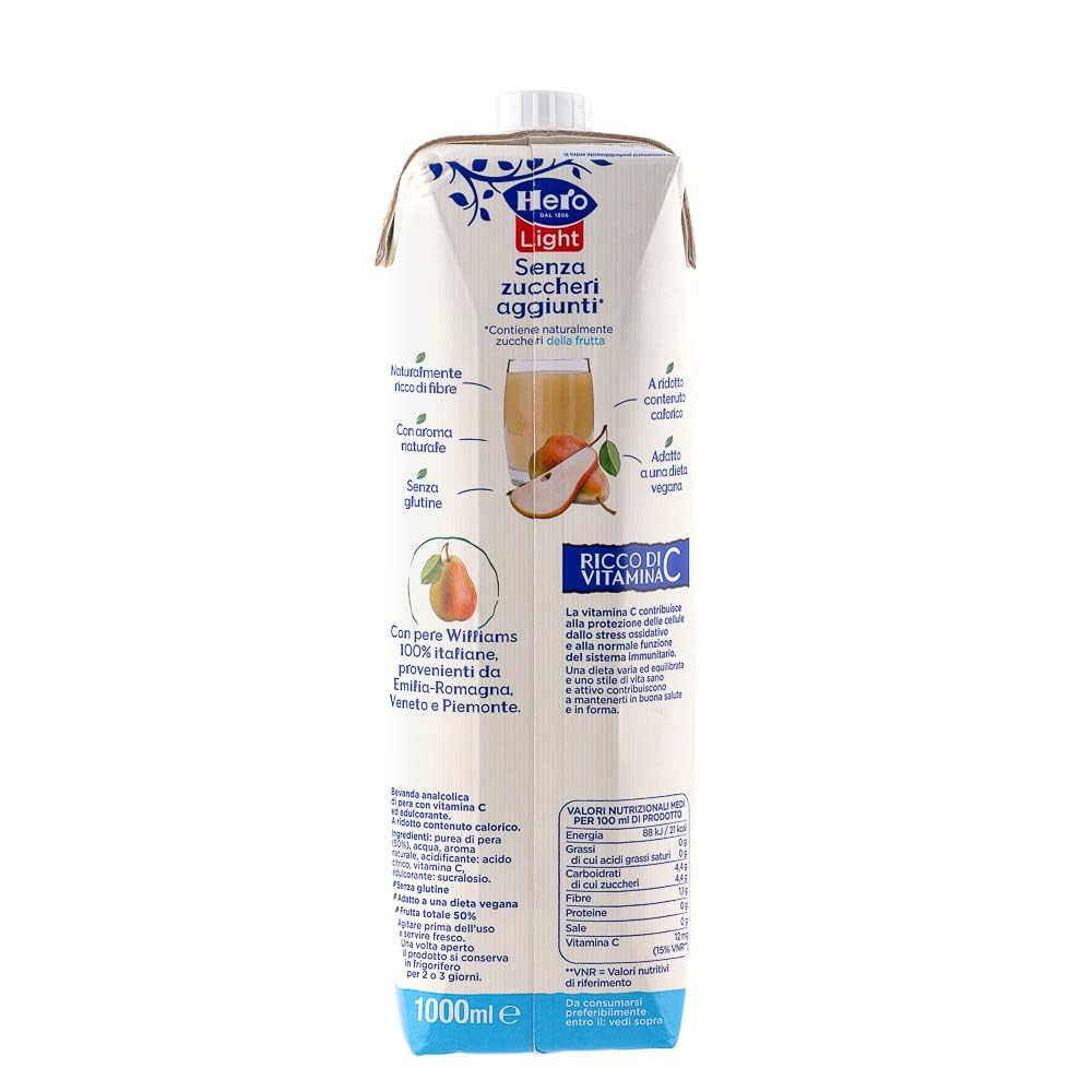 Hero Light Pera Birne Fruchtsaft Ohne Zuckerzusatz Erfrischendes Erfrischungsgetränk mit Sehr Wenig Kalorien, 8x 1LT + Italian Gourmet polpa 400g