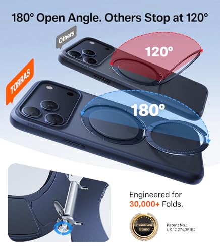 Image of TORRAS Upgraded 360 Magnetic Stand for iPhone 17 Pro Max Case Blue | Fit for MagSafe with Ring, 4X Mil-Grade Protection, Camera Control, Translucent Slim for iPhone 17 Pro Max Case, Deep Blue