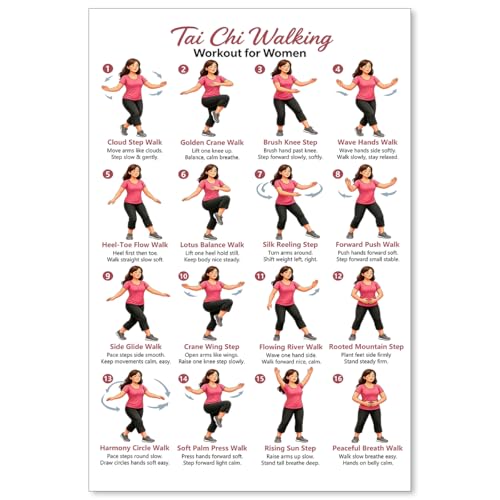 GO-SANTNN Tai Chi Walking Workout for Women Poster Wellness Exercise Chart Canvas Wall Art Balance and Mindful Movement Exercise Prints Living Room Office Apartment Wall Decor 12x18 inch Unframed