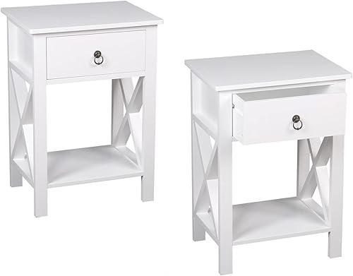 Mesita de noche blanca con cajón, mesa auxiliar pequeña de dos capas con diseño en forma de X, mesa auxiliar para sofá de noche, 15.75 pulgadas de