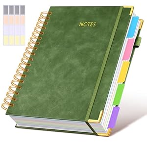 Hardcover Spiral Notebook journal with Removable Dividers Tabs, 300 Pages Leather 5 Subject Notebook College Ruled, 8″x10″ Large B5 Notebooks for Work School Note taking, Lined Journal for Women,Green