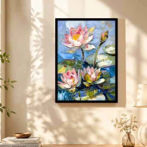 Image of PAINTINGMANTRA Lotus Flower Framed Wall Art Painting for wall decoration, Lotus Flower Pond Floral Poster with Frame for living room, bedroom, Home and Office, 13x18 Inch