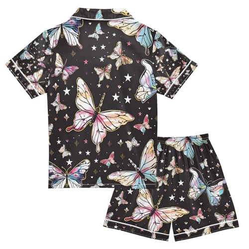 senya Butterflies Star Black Satin Summer Pajama Sets Silk Short Sleeve Button Down Sleepwear2