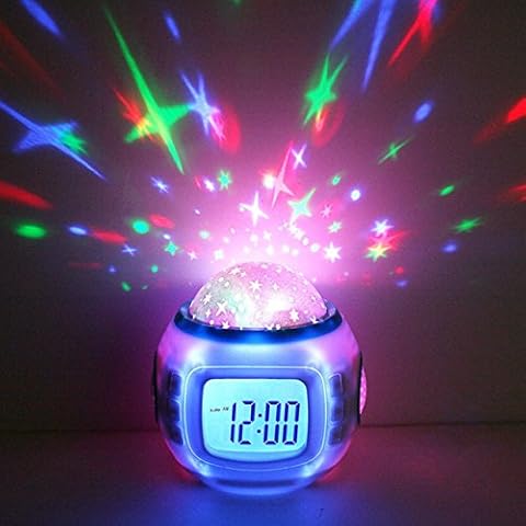 LED Star Projector Night Light Children Alarm Clock Star Projector with Background Night Light Calendar Thermometer for Kids Children Projector Light Music Clock Cover