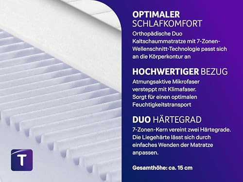 Traumnacht Basic 2 in 1 Duo - orthopädische 7- Zonen Kaltschaummatratze, Härtegrad 2 und 3, Öko-Tex zertifiziert, 70 x 200 cm, Höhe 15 cm, produziert nach deutschem Qualitätsstandard