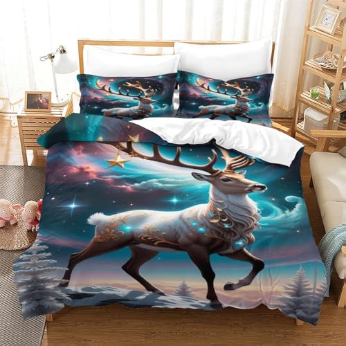 Housse de couette élan 3D en microfibre 200x200 cm avec taies d'oreiller pour lit double