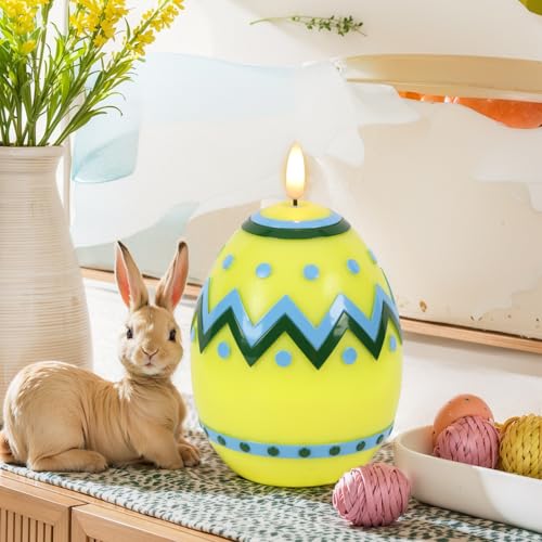Image of Easter Flameless Candles Battery Operated with 6 Hour Timer Battery Operated Real Wax Color Painted Easter Egg Shaped LED Flickering Candles Dinner Spring Holiday Decor(Yellow, 2.4 inchD x 6.3 inchH)