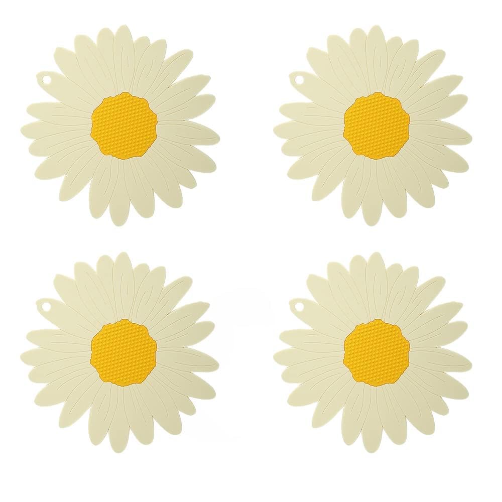 RIVAAN Silicone Sunflower Coasters - Set of 4 Heat Resistant Mats for Office Desk, and Hot Cups, Non-Slip Tableware Set, Dining Table Accessories for Home and Decorative Items (White, Medium- 14 CM)-image-2