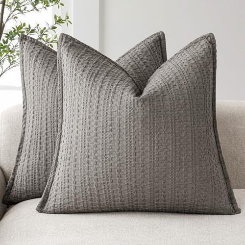 Image of Foindtower Set of 2 Decorative Cotton Waffle Weave Throw Pillow Covers Euro Shams Cushion Covers Accent European Pillowcase for Bed Couch Sofa Bedroom Living Room Home Decor 18x18 Inch Taupe Gray