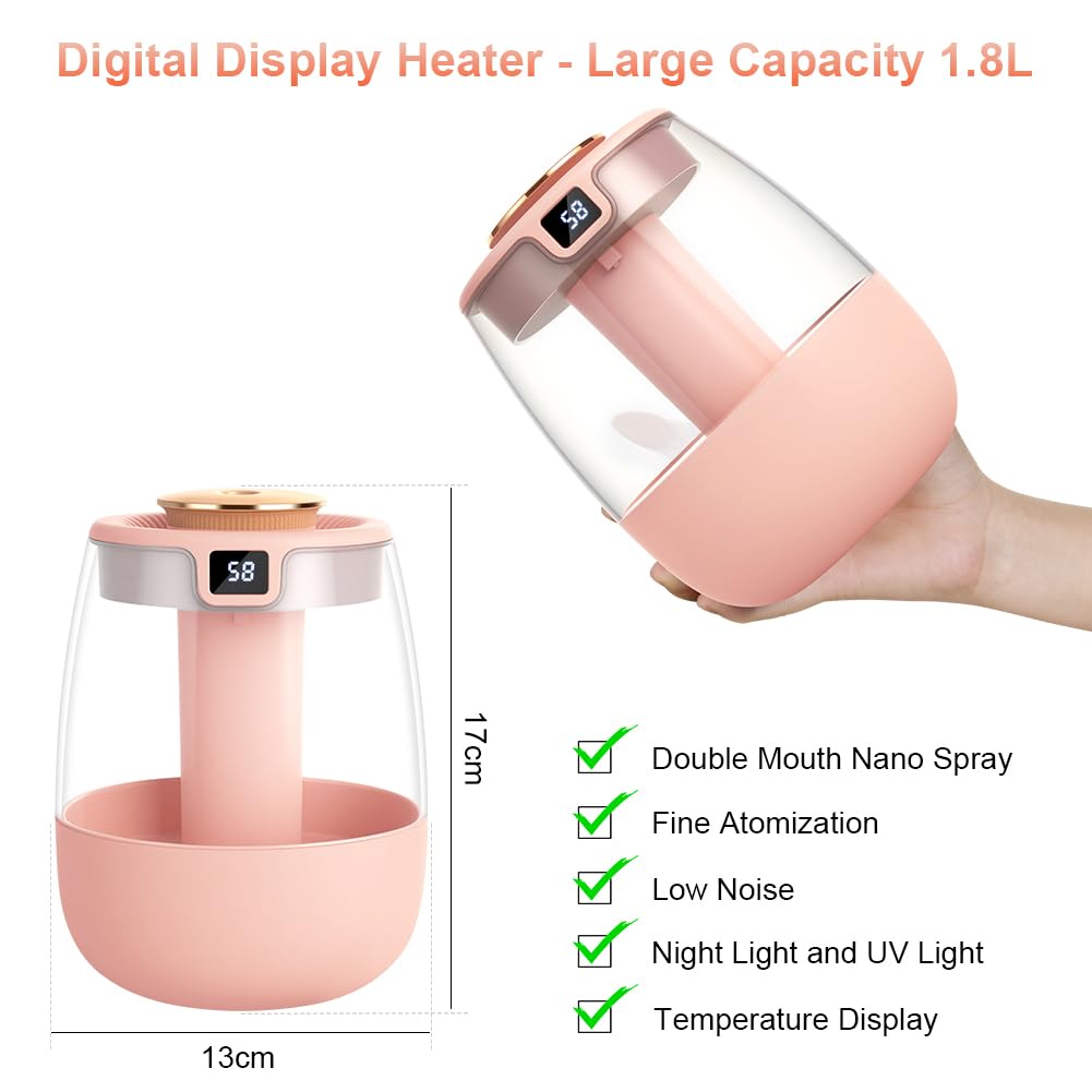 Humidificador 1.8L Silencioso para Bebes Doble Cámara con Pantalla de Humedad Inteligente Tres Modos Luz Nocturna UV USB Rosa