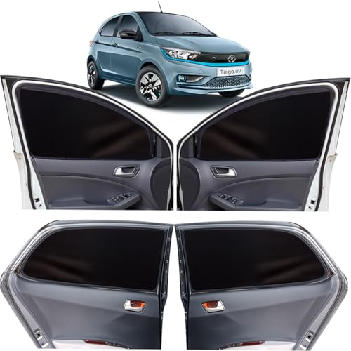 Image of OTO2EYE Car Sun Shade Compatible for Tata Tiago EV Model 2023 to 2024, Z-Black Super Magnetic Grip, Front Window Zipper, Side Window Curtains, 4 Pieces Set