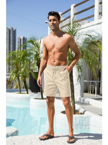 RQP Mens Cotton Linen Shorts Casual Drawstring 7inch Inseam Shorts Stretch Summer Beach Wear - image 2