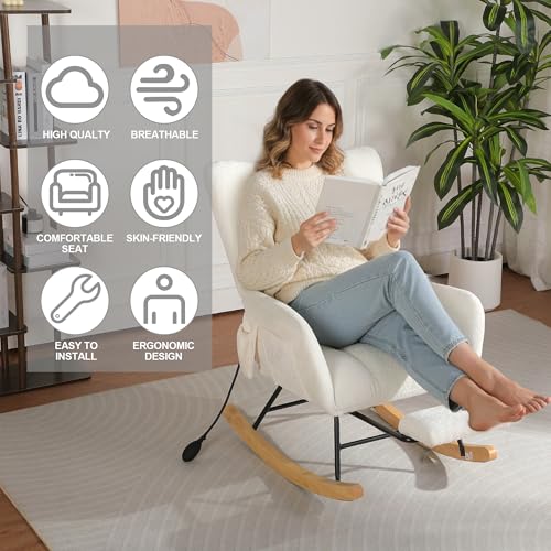 Image of Rocking Chair Nursery with Airbag, Comfy Modern Nursery Rocking Reading Chair Indoor, Cozy Upholstered Glider Rocker Chairs for Living Room Bedroom Offices, (Chenille, White)