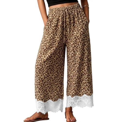 Qaezyco Leopard Pants,Lace Trim Pants Women Wide Leg Waisted Drawstring Corduroy Pant Boho Polka Dot Striped Causal Beach Trousers(01_Brown,Large) - image 2