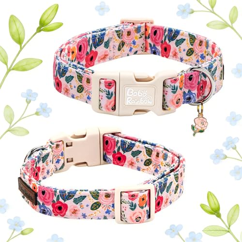 Image of Spring Light Pink Floral Print Dog Collar for Medium Dogs | Garden Walk,Spring Picnic,Daily Walking,Adjustable,Cotton,Lightweight,Quick Release Plastic Buckle,Pendant,Female Dog