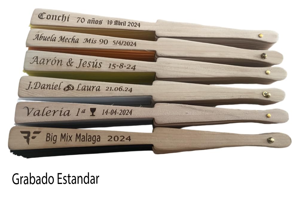 Regalo Grabado 25 Abanicos Personalizados Madera y Tela PES Bodas Eventos | Pack de 25 abanicos de madera y tela (PES) personalizados con grabado en varilla. Presentados en caja individual blanca.