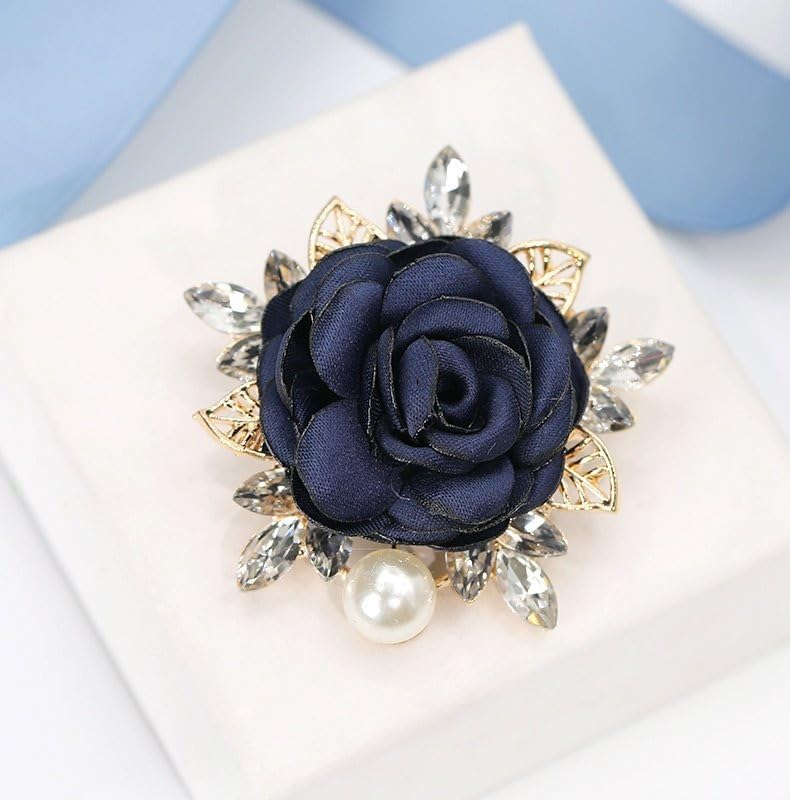 Image of Rose Flower Brooch for Women Large Flower Brooch Elegant Pearl Brooches Handmade Crystal Pearl Pins Fabric Floral Lapel Pin Christmas Valentine's Day Dress Suit Accessories